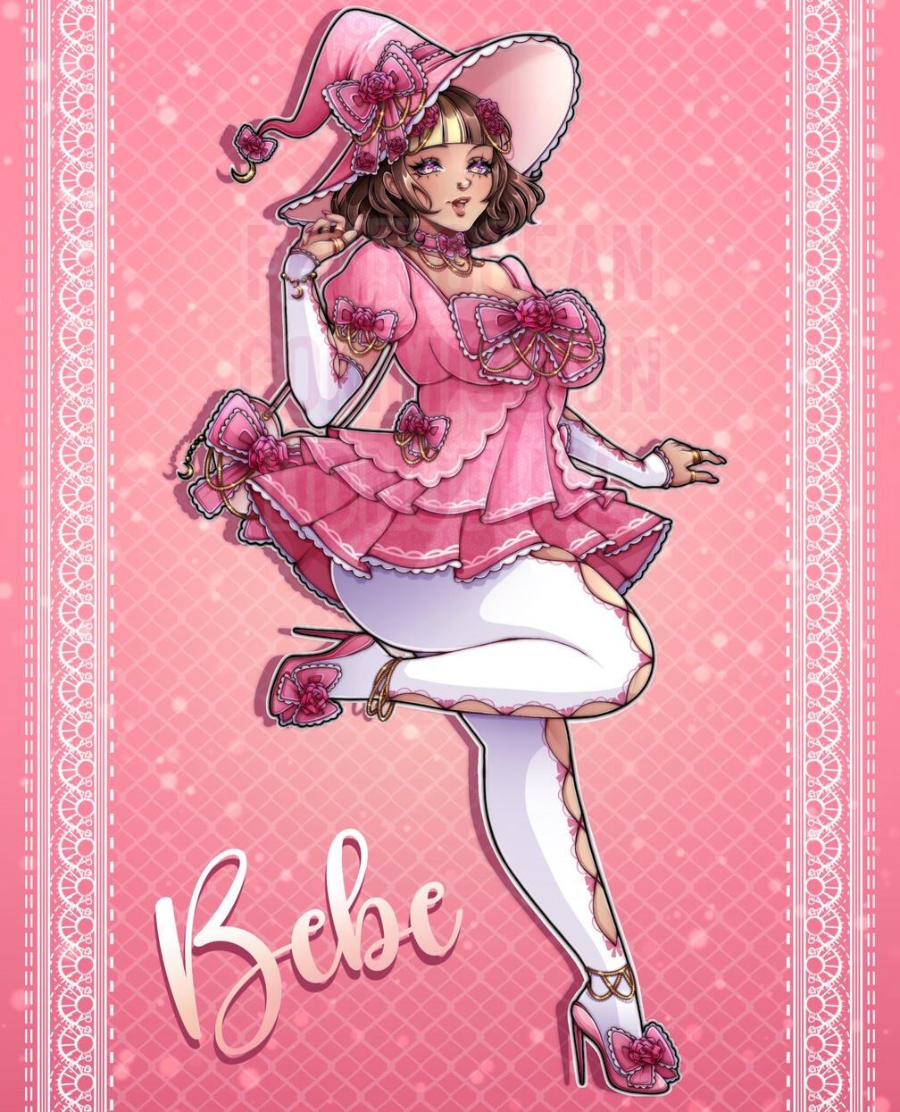 A Full-Body, Cell-Shaded piece for @bewitching_bebe, featuring her self-sona, Bebe. I was given creative freedom in designing a Hime-Gyaru themed outfit for her.