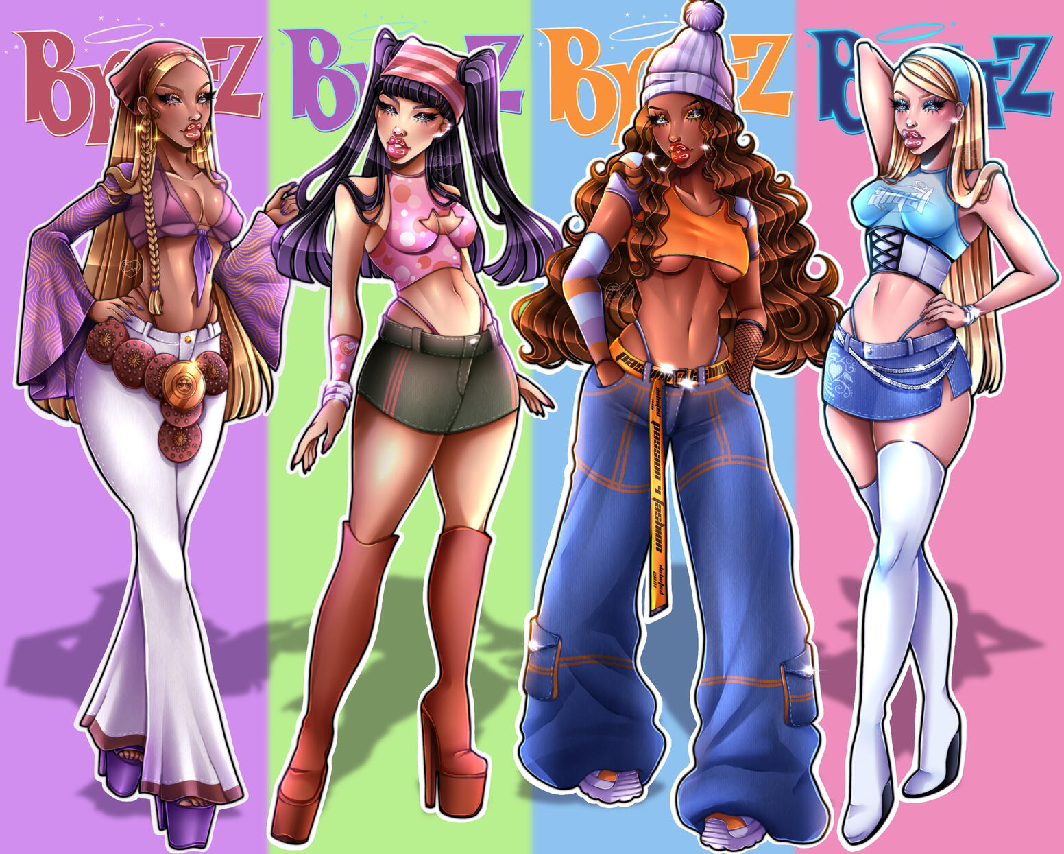 My twist on Bratz Gen 1 designs. Featuring the 'core four', Yasmin, Jade, Sasha & Cloe.