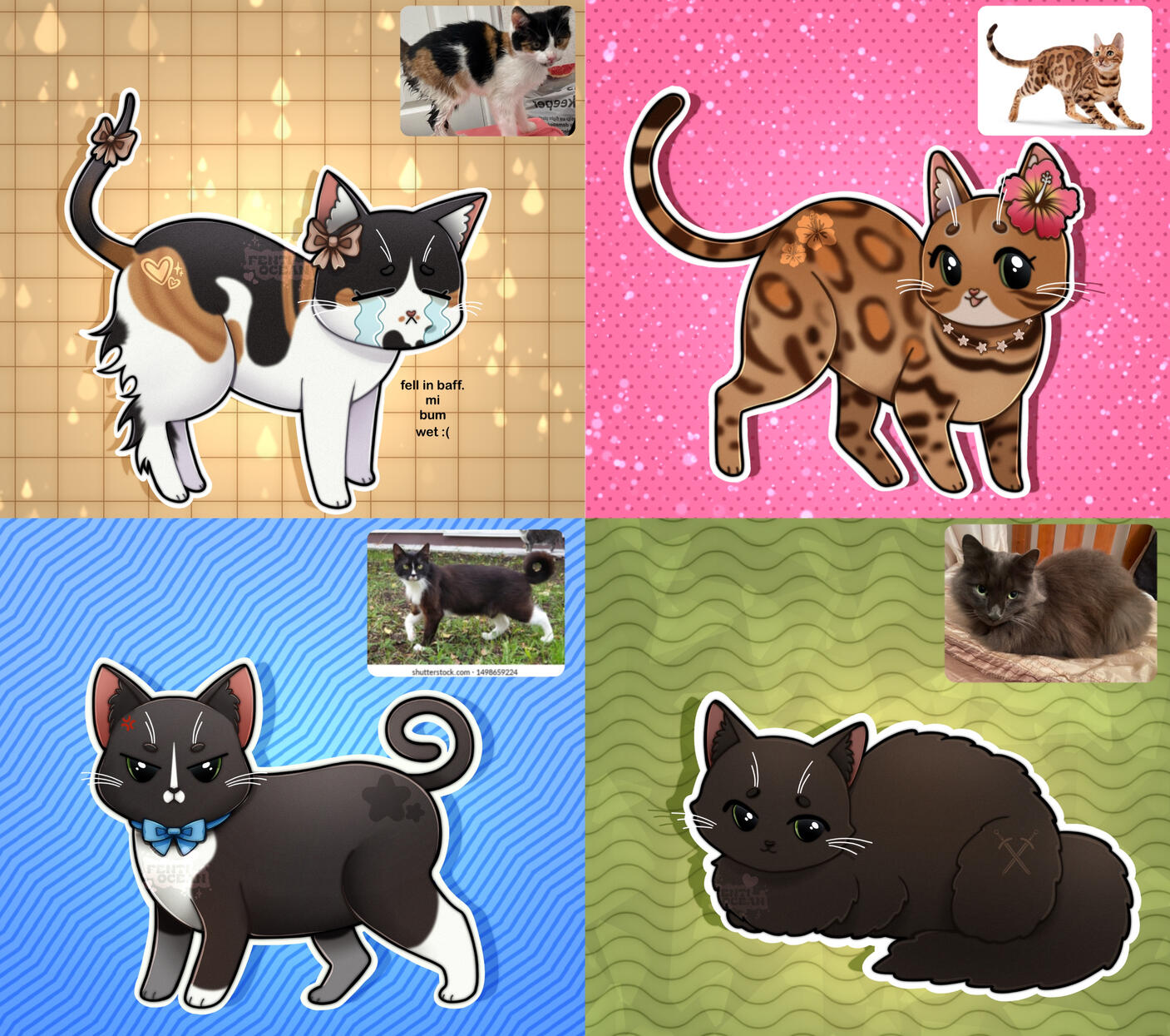 The finalised concept examples of &quot;Pawtrait Pals&quot;. Featuring two stock-photo references, my previous Nebelung, Rocco, and my Calico, Mochi.